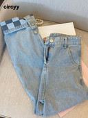 Circyy Jean Ženske ravne hlače s visokim strukom Karirane hlače Proljeće Ljeto Denim, široki džepovi na nogavicama, Vintage široke, ležerne