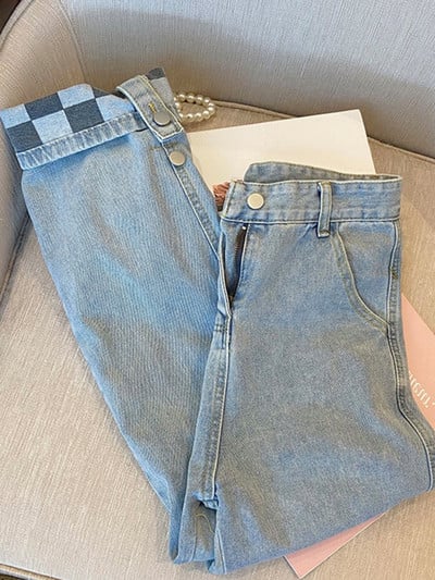 Circyy Jean Ženske ravne hlače s visokim strukom Karirane hlače Proljeće Ljeto Denim, široki džepovi na nogavicama, Vintage široke, ležerne