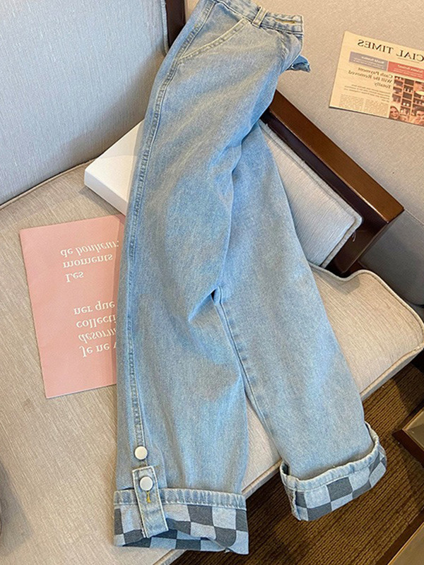 Circyy Jean Ženske ravne hlače s visokim strukom Karirane hlače Proljeće Ljeto Denim, široki džepovi na nogavicama, Vintage široke, ležerne