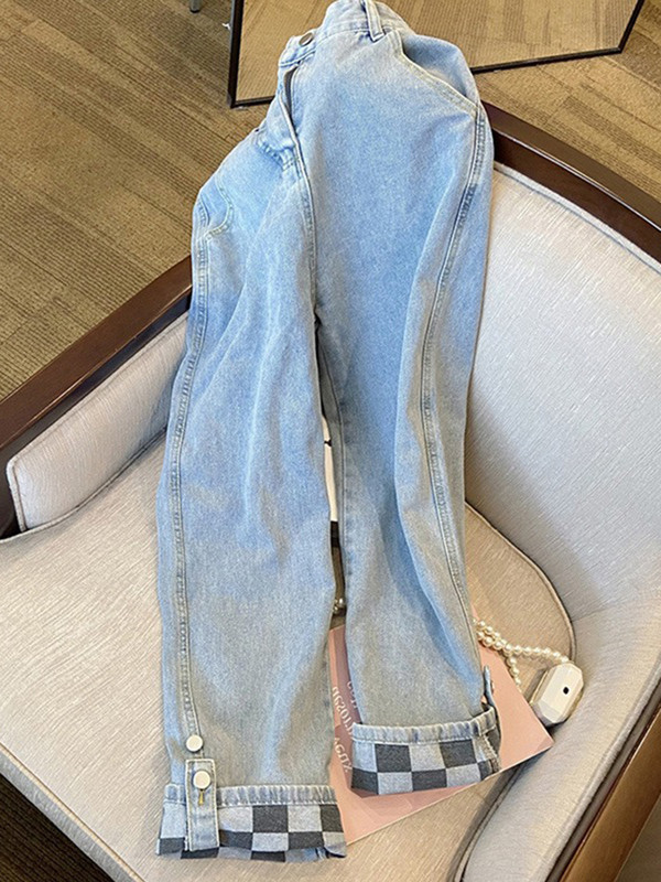 Circyy Jean Ženske ravne hlače s visokim strukom Karirane hlače Proljeće Ljeto Denim, široki džepovi na nogavicama, Vintage široke, ležerne