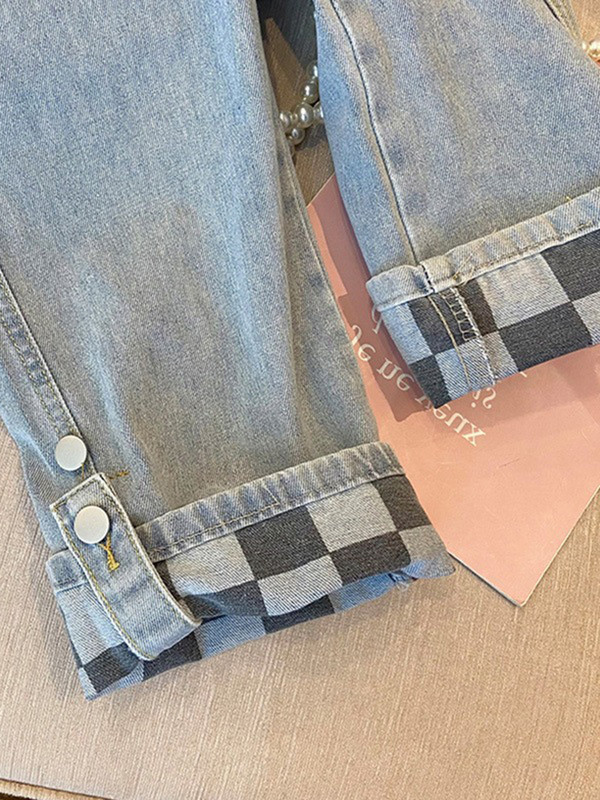 Circyy Jean Ženske ravne hlače s visokim strukom Karirane hlače Proljeće Ljeto Denim, široki džepovi na nogavicama, Vintage široke, ležerne