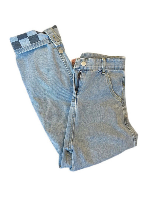 Circyy Jean Ženske ravne hlače s visokim strukom Karirane hlače Proljeće Ljeto Denim, široki džepovi na nogavicama, Vintage široke, ležerne