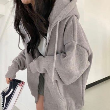 Harajuku Zip Up Hoodie Дамски ретро суитшърт с дълги ръкави, големи едноцветни суичъри с качулка, есенен суичър с джоб и шнур в корейски стил