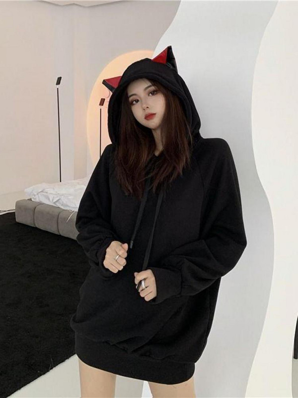 Μασίφ γυναικεία φθινοπωρινά χειμωνιάτικα αυτιά γάτας με κουκούλα Γυναικεία μακρυμάνικα μπλουζάκια Kawaii Φαρδιά κορεάτικο πουλόβερ Φούτερ Ρούχα χοντρά