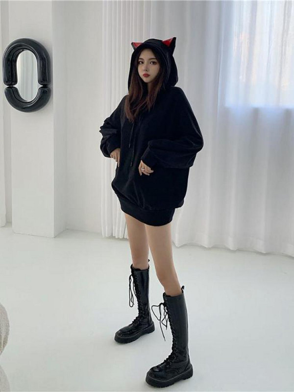 Μασίφ γυναικεία φθινοπωρινά χειμωνιάτικα αυτιά γάτας με κουκούλα Γυναικεία μακρυμάνικα μπλουζάκια Kawaii Φαρδιά κορεάτικο πουλόβερ Φούτερ Ρούχα χοντρά