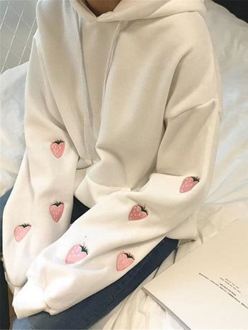 Κέντημα φράουλα Hoodie Harajuku Γυναικεία χαριτωμένη φούτερ Κορίτσι Μωβ Ulzzang Loose Leisure Chic φούτερ High Street Femme