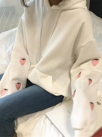 Κέντημα φράουλα Hoodie Harajuku Γυναικεία χαριτωμένη φούτερ Κορίτσι Μωβ Ulzzang Loose Leisure Chic φούτερ High Street Femme