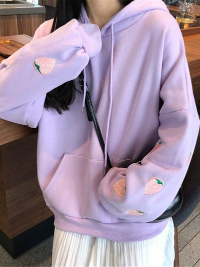 Strawberry Vez Hoodie Harajuku Ženska slatka majica s majicom Purple Ulzzang Labava Leisure Chic High Street Sweatshirt Femme