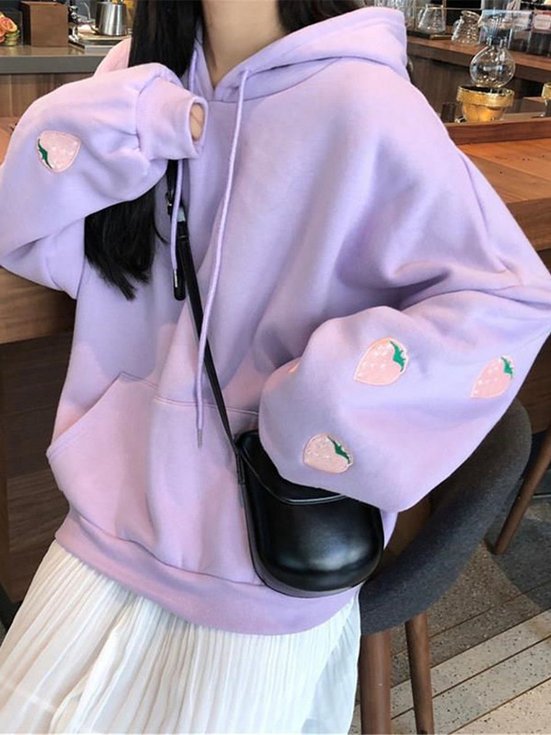 Strawberry Vez Hoodie Harajuku Ženska slatka majica s majicom Purple Ulzzang Labava Leisure Chic High Street Sweatshirt Femme