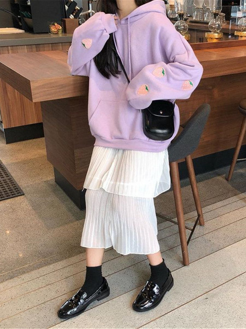 Strawberry Vez Hoodie Harajuku Ženska slatka majica s majicom Purple Ulzzang Labava Leisure Chic High Street Sweatshirt Femme