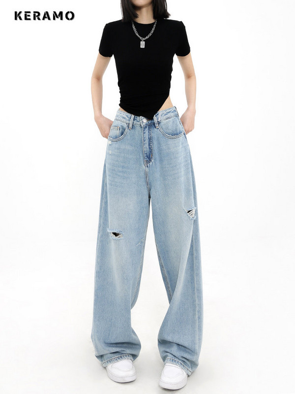 Naiste Y2K Harajuku kõrge vöökohaga vintage vabad teksapüksid 2023 tänavarõivaste stiilis laia säärega kottis sinine rebenenud teksapüksid