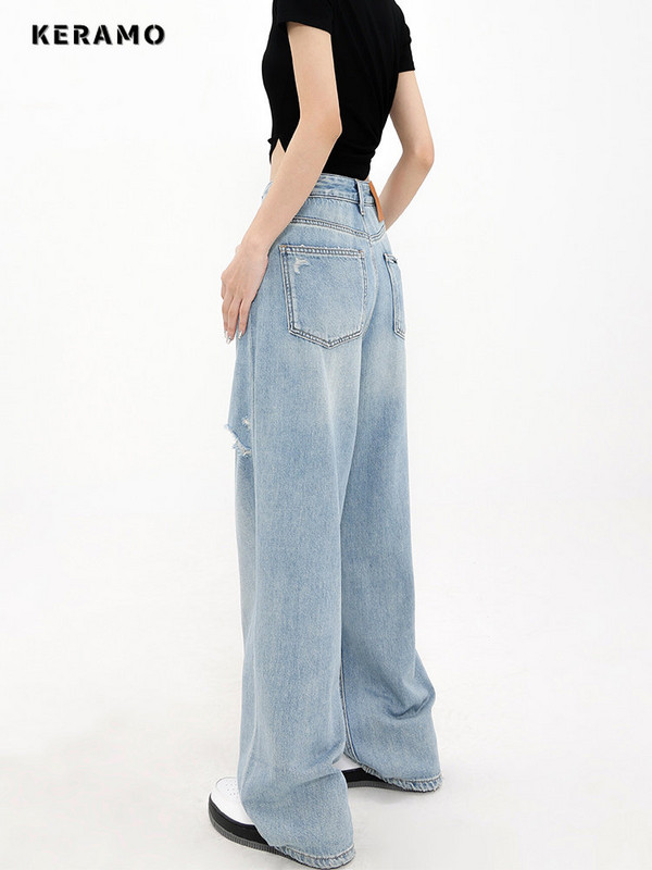 Naiste Y2K Harajuku kõrge vöökohaga vintage vabad teksapüksid 2023 tänavarõivaste stiilis laia säärega kottis sinine rebenenud teksapüksid