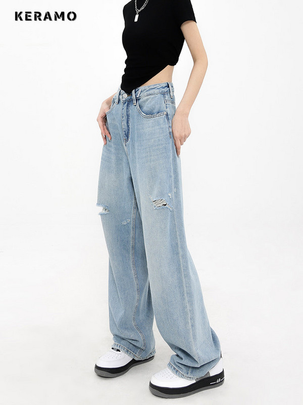 Naiste Y2K Harajuku kõrge vöökohaga vintage vabad teksapüksid 2023 tänavarõivaste stiilis laia säärega kottis sinine rebenenud teksapüksid