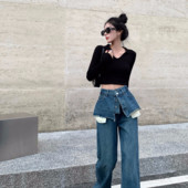 Ženska odjeća Traperice u retro hongkonškom stilu Lažne dvodijelne široke hlače visokog struka Trend ravne cilindrične hlače