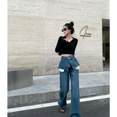 Ženska odjeća Traperice u retro hongkonškom stilu Lažne dvodijelne široke hlače visokog struka Trend ravne cilindrične hlače