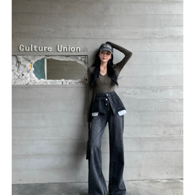 Ženska odjeća Traperice u retro hongkonškom stilu Lažne dvodijelne široke hlače visokog struka Trend ravne cilindrične hlače