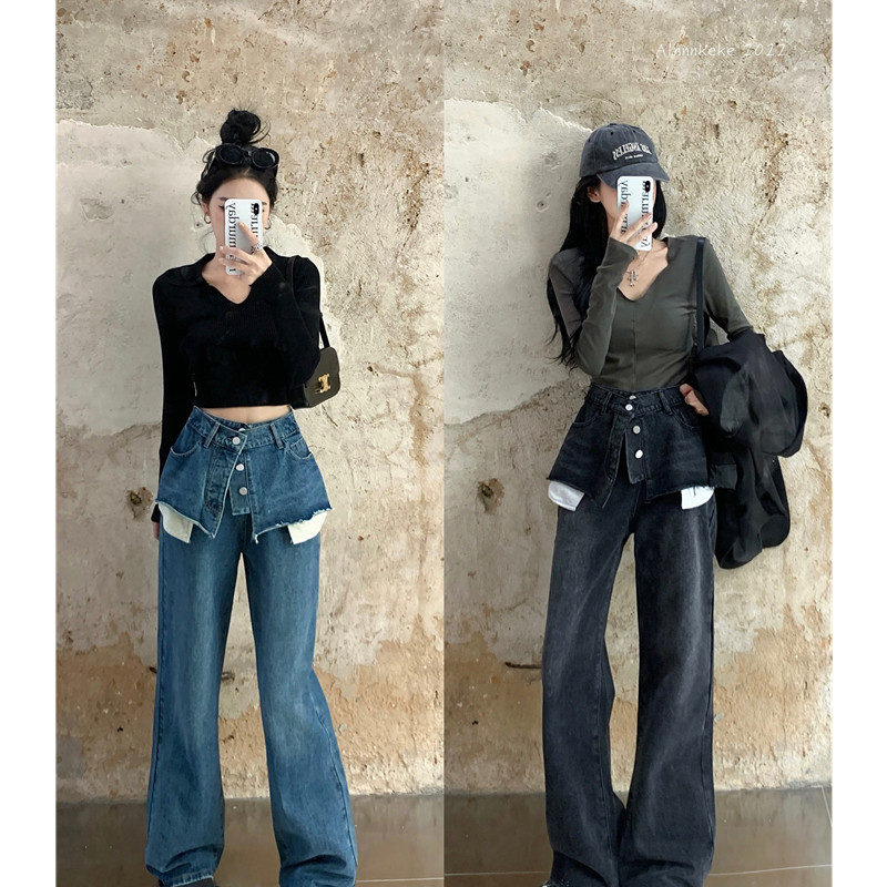 Ženska odjeća Traperice u retro hongkonškom stilu Lažne dvodijelne široke hlače visokog struka Trend ravne cilindrične hlače