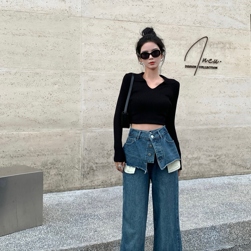 Ženska odjeća Traperice u retro hongkonškom stilu Lažne dvodijelne široke hlače visokog struka Trend ravne cilindrične hlače