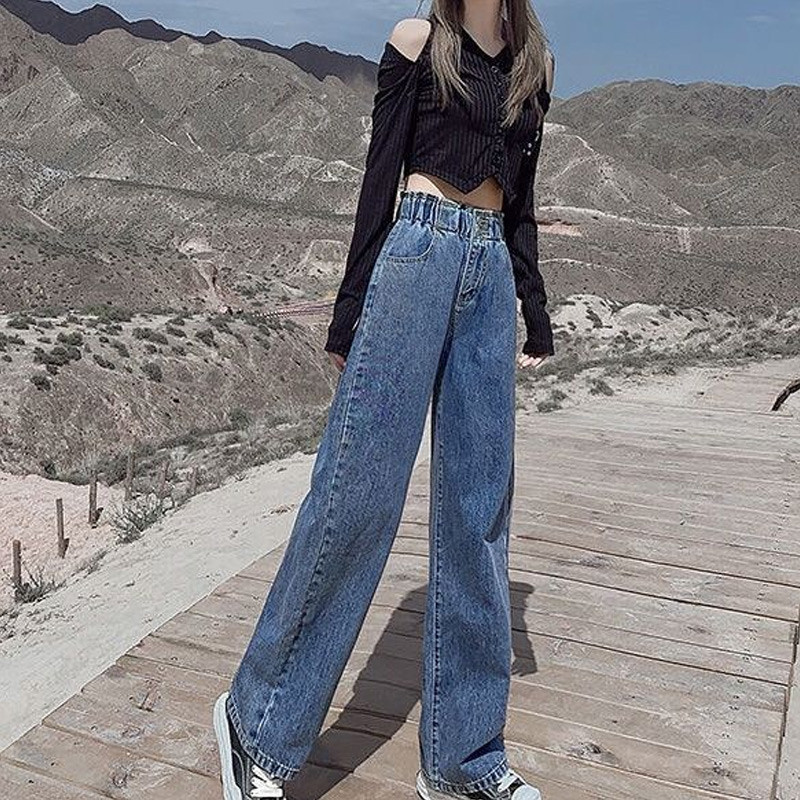 Ανοιξιάτικο νέο κουμπί ελαστικό ίσιο παντελόνι μέσης Φαρδύ συν μέγεθος μονόχρωμο φαρδύ τζιν φαρδύ πόδι Τάση μόδας Γυναικεία ρούχα