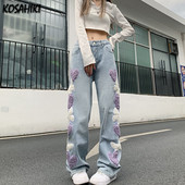 KOSAHIKI Vintage ψηλόμεσο παντελόνι Γυναικείο τζιν καρδιά Jacquard Harajuku Φαρδύ πόδι casual streetwear παντελόνι 2023 Κορεάτικο All Match