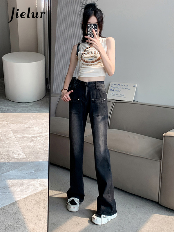 Jielur Άνοιξη Νέο Κορεάτικο Στιλ Ψηλόμεσο Τζιν Γυναικείο Harajuku Slim ίσιο τζιν Γυναικείο Κλασικό καθημερινό νεανικό τζιν παντελόνι Y2K