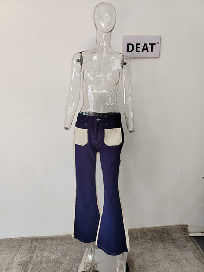 DEAT Fashion Blugi de damă Buzunar mozaic Talie înaltă Largi culoare contrastantă Denim Pantaloni cu clopoței Primăvara 2023 Nou 17A5965