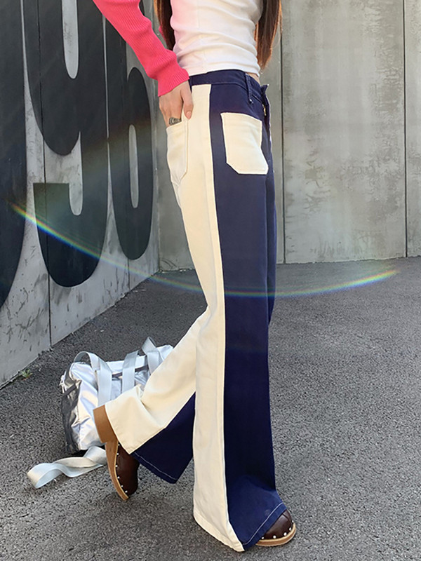 DEAT Fashion Blugi de damă Buzunar mozaic Talie înaltă Largi culoare contrastantă Denim Pantaloni cu clopoței Primăvara 2023 Nou 17A5965