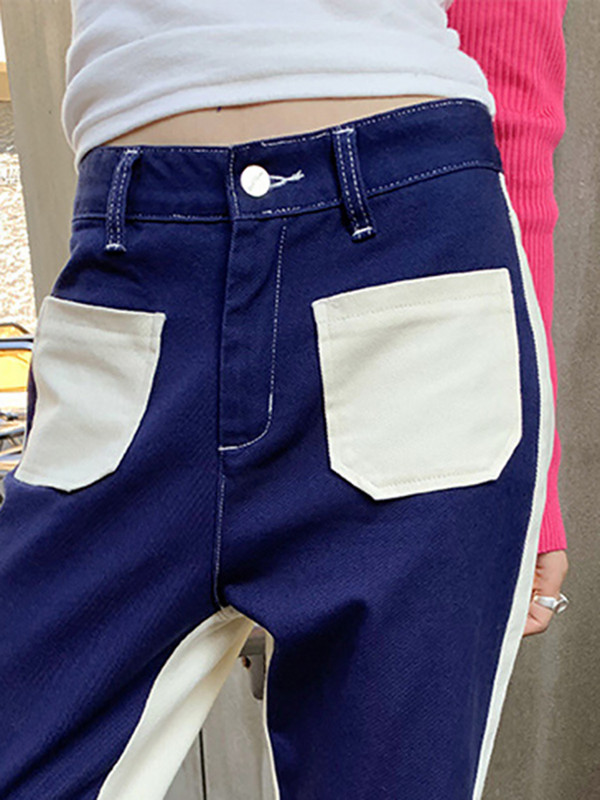 DEAT Fashion Blugi de damă Buzunar mozaic Talie înaltă Largi culoare contrastantă Denim Pantaloni cu clopoței Primăvara 2023 Nou 17A5965