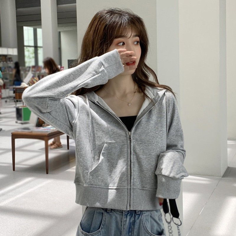 Jesen/proljeće Ženska labava majica s patentnim zatvaračem i kapuljačom, tanki kardigan dugih rukava, jednobojna ležerna svestrana jakna