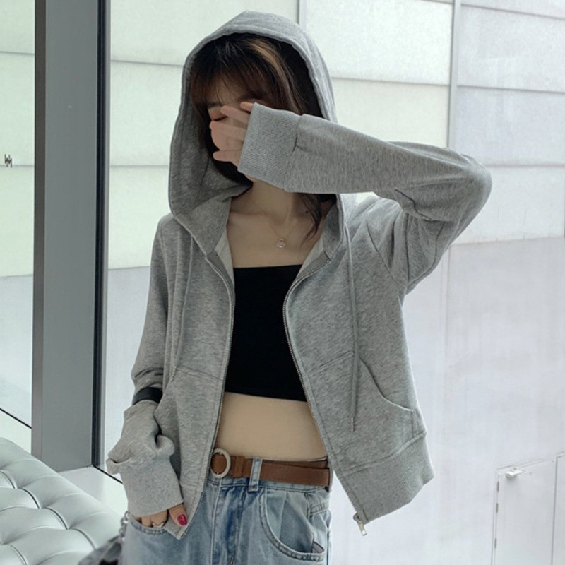 Jesen/proljeće Ženska labava majica s patentnim zatvaračem i kapuljačom, tanki kardigan dugih rukava, jednobojna ležerna svestrana jakna