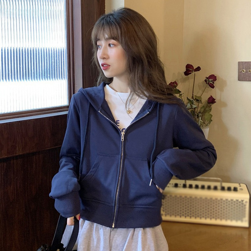 Jesen/proljeće Ženska labava majica s patentnim zatvaračem i kapuljačom, tanki kardigan dugih rukava, jednobojna ležerna svestrana jakna