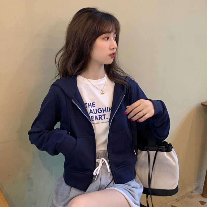 Jesen/proljeće Ženska labava majica s patentnim zatvaračem i kapuljačom, tanki kardigan dugih rukava, jednobojna ležerna svestrana jakna