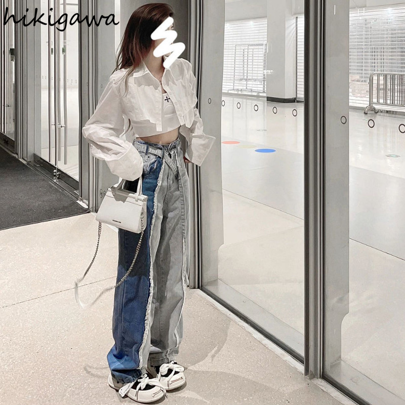 Traperice Ženske modne kontrastne boje Hip-hop Hlače širokih nogavica Harajuku Vintage hlače Ulična odjeća Ravne ležerne pantalone Femme