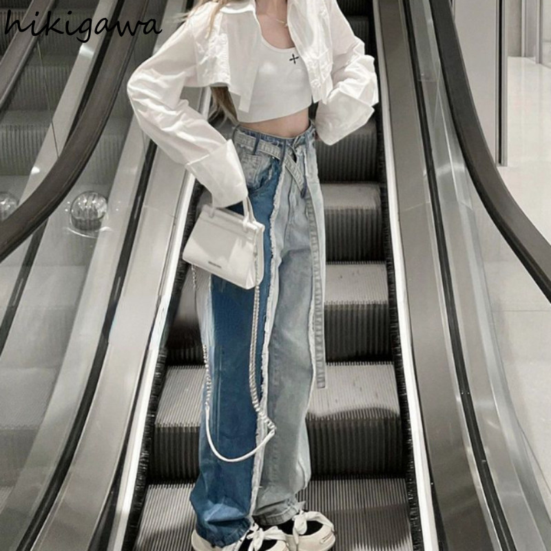 Traperice Ženske modne kontrastne boje Hip-hop Hlače širokih nogavica Harajuku Vintage hlače Ulična odjeća Ravne ležerne pantalone Femme