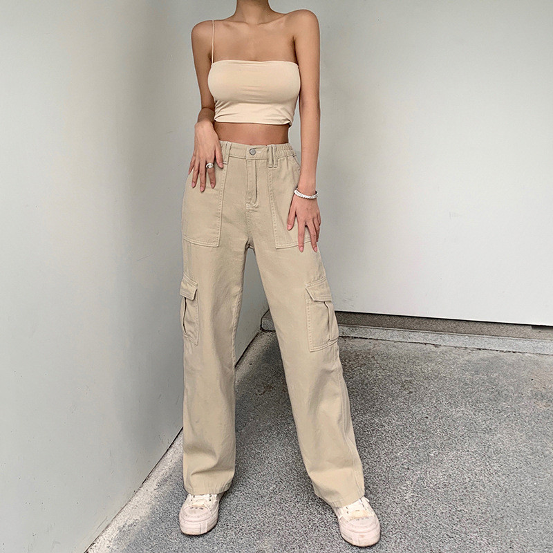 Vintage 90S Casual Cargo Παντελόνι Γυναικεία Χαμηλή Μέση Vintage Γκρι Φαρδιά Streetwear Φαρδύ τζιν φόρμες ίσιο τζιν Κορεάτικη μόδα