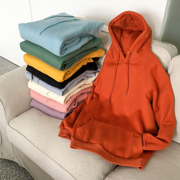 Ново зимно палто Preppy Style Hoody Дамски суитчър Полар Едноцветни пуловери с падащи рамене Свободни оранжеви с качулка