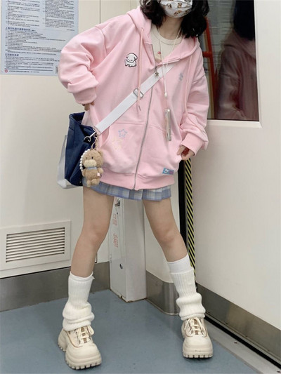QWEEK Harajuku Kawaii Pink Zip Up Hoodie Γυναικεία Γλυκά χαριτωμένα κινούμενα σχέδια Μπεζ φούτερ με κουκούλα Oversize Κορεάτικο Fleece Girly Blue Top
