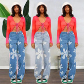 Naiste trükitud lillelised puuvillased teksad kõrge vöökohaga sirge toruga lahtised pendeldamise stiilis trükitud teksad