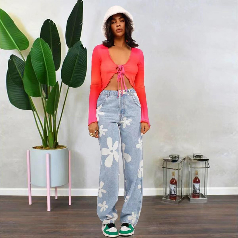 Naiste trükitud lillelised puuvillased teksad kõrge vöökohaga sirge toruga lahtised pendeldamise stiilis trükitud teksad