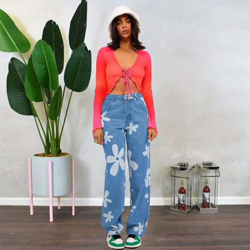 Naiste trükitud lillelised puuvillased teksad kõrge vöökohaga sirge toruga lahtised pendeldamise stiilis trükitud teksad