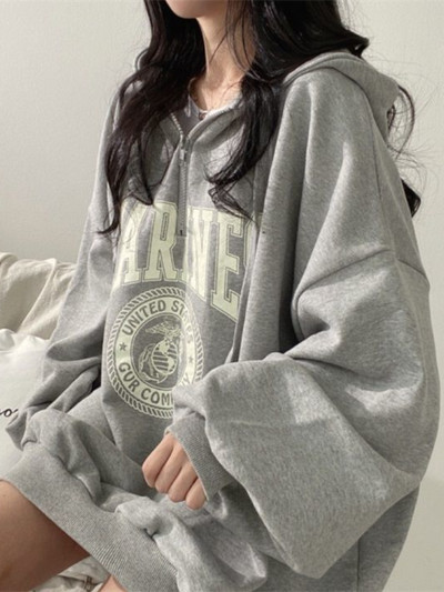 Deeptown Hip Hop Zip Up Oversized Hoodies Γυναικεία φούτερ Harajuku Letter print Γκρι Vintage Loose Fleece Winter Tops Grunge