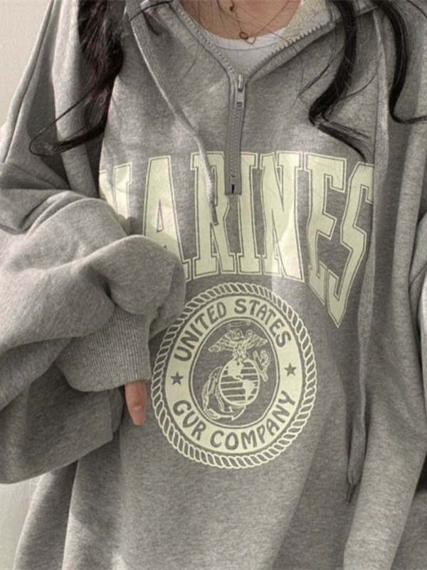 Deeptown Hip Hop Zip Up Oversized Hoodies Γυναικεία φούτερ Harajuku Letter print Γκρι Vintage Loose Fleece Winter Tops Grunge