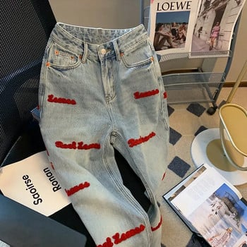 2023 Trend Trousers Streetwear Letter Κέντημα Τζιν Γυναικείο ψηλόμεσο Y2k ίσιο φαρδύ παντελόνι Κορεατική μόδα Γυναικεία τζιν