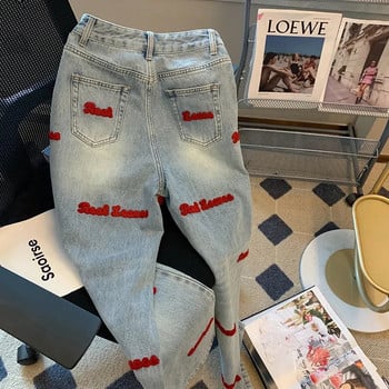 2023 Trend Trousers Streetwear Letter Κέντημα Τζιν Γυναικείο ψηλόμεσο Y2k ίσιο φαρδύ παντελόνι Κορεατική μόδα Γυναικεία τζιν