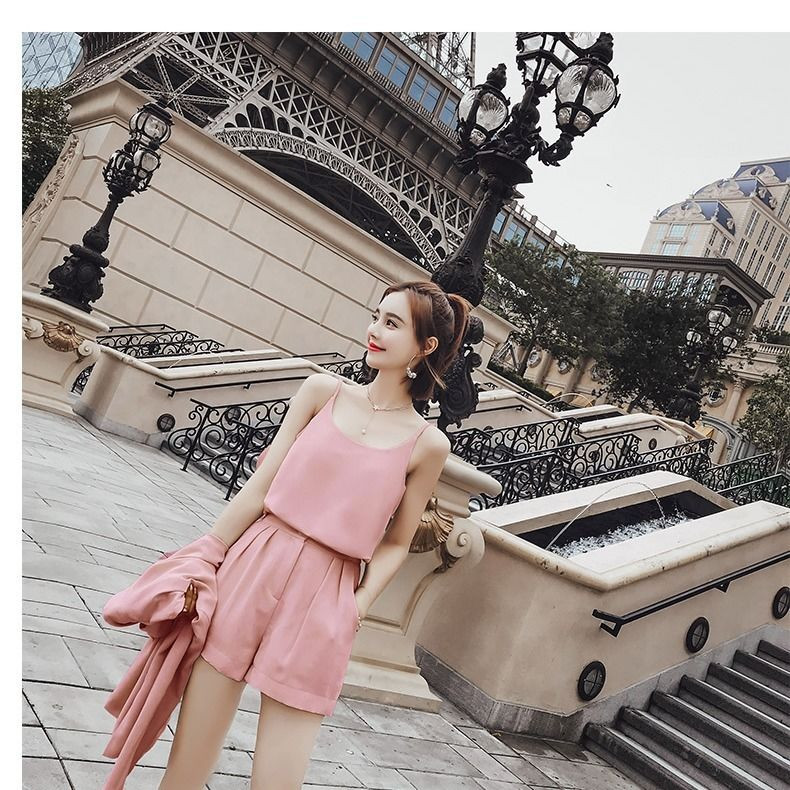 Γυναικεία 3 τεμάχια Γυναικεία σορτς Σετ κοντομάνικο σακάκι & φαρδιά σορτς & πουκάμισα Καλοκαιρινά κοντά παντελόνια για γυναικεία φόρμα D242