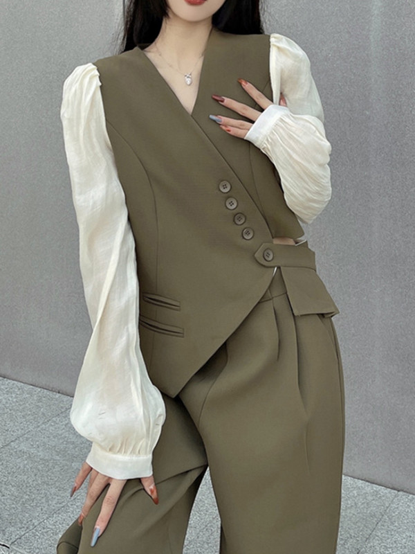 Naiste sügisene Briti stiilis pükste ülikond V-kaelusega ebaregulaarne lühike väike bleiser ja laia säärega püksid, kahe kontori naiste komplekt