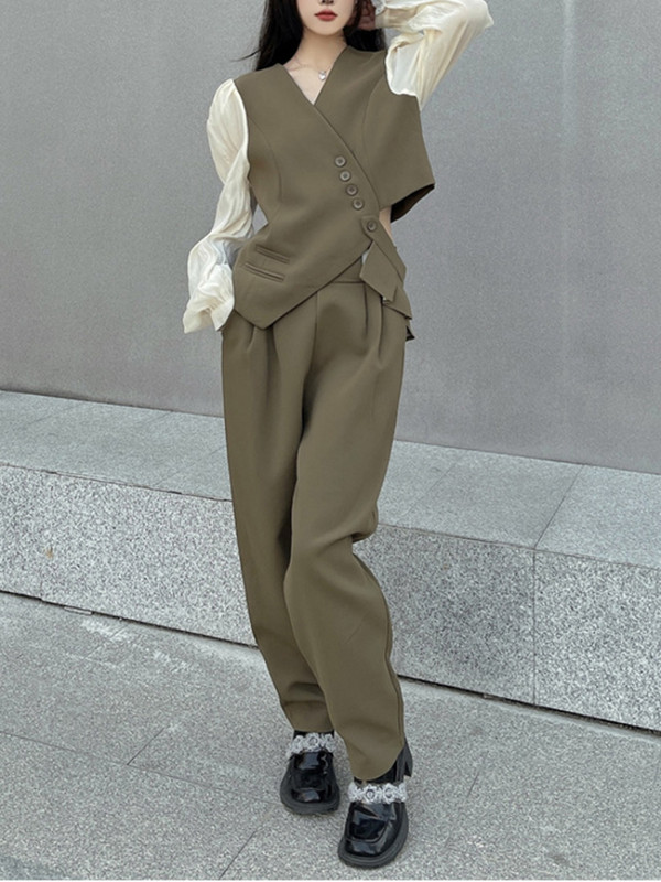 Naiste sügisene Briti stiilis pükste ülikond V-kaelusega ebaregulaarne lühike väike bleiser ja laia säärega püksid, kahe kontori naiste komplekt