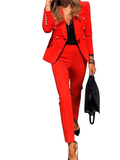 Jesen Zima Za žene, novo jednobojno modno odijelo s dvostrukim kopčanjem, uske pencil hlače s džepnim džepom, ženski uredski set od 2 dijela 2023.