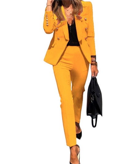 Jesen Zima Za žene, novo jednobojno modno odijelo s dvostrukim kopčanjem, uske pencil hlače s džepnim džepom, ženski uredski set od 2 dijela 2023.