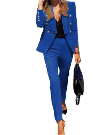 Jesen Zima Za žene, novo jednobojno modno odijelo s dvostrukim kopčanjem, uske pencil hlače s džepnim džepom, ženski uredski set od 2 dijela 2023.